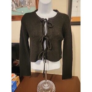 No Boundaries Black Ribbed Tie-Front Cardigan Size M Medium Y2K Coquette Knit